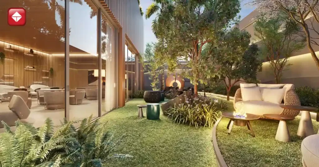 Área de lazer de empreendimento Tecnisa (TCSA3) com jardim privativo e design contemporâneo em São Paulo