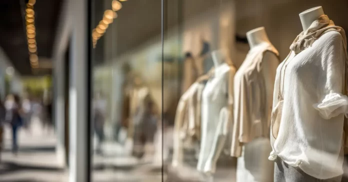 Vitrine de loja Le Lis Blanc com roupas premium expostas em manequins, representando o posicionamento de varejo de moda de alta renda da Veste S.A.