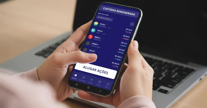 Aplicativo de investimentos exibindo a tela de custódia remunerada e aluguel de ações, ilustrando como investidores podem rentabilizar a carteira.