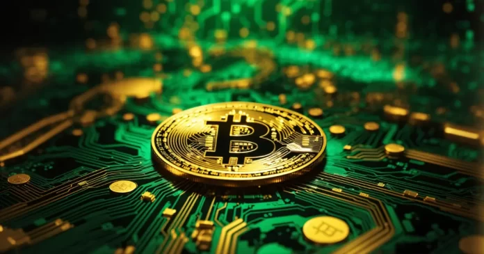 Moeda de Bitcoin sobre placa de circuito eletrônico, simbolizando alta da criptomoeda após confirmação de previsão técnica no boletim de mercado hoje