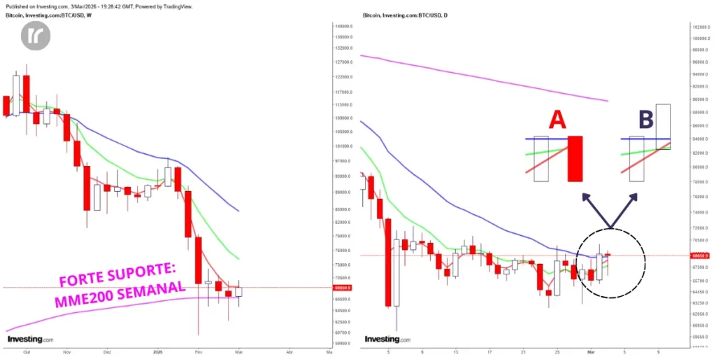 Gráfico semanal e diário do Bitcoin mostrando suporte na MME200 semanal e candle de definição no gráfico diário com cenários A e B, ou seja, nesse nosso boletim do Ibovespa Hoje, nos parece que tende a voltar a subir
