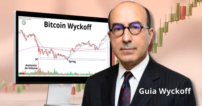 Bitcoin Wyckoff com gráfico real mostrando o Selling Climax, Spring e aumento de volume na acumulação
