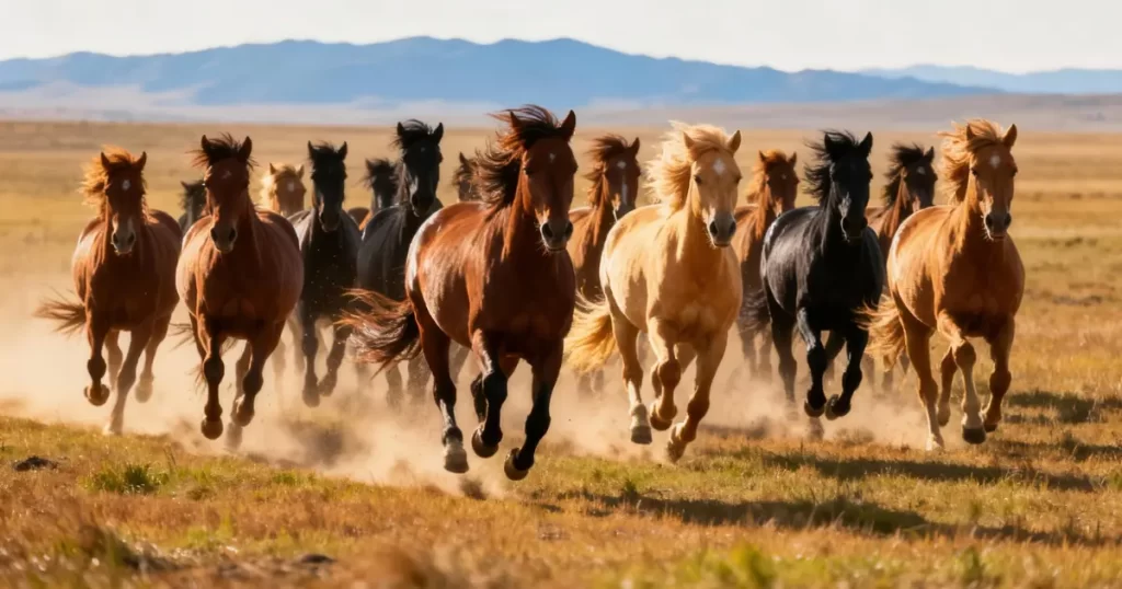 Manada de cavalos selvagens correndo em campo aberto, representando o efeito manada nos investimentos e os riscos de comprar ações por impulso coletivo