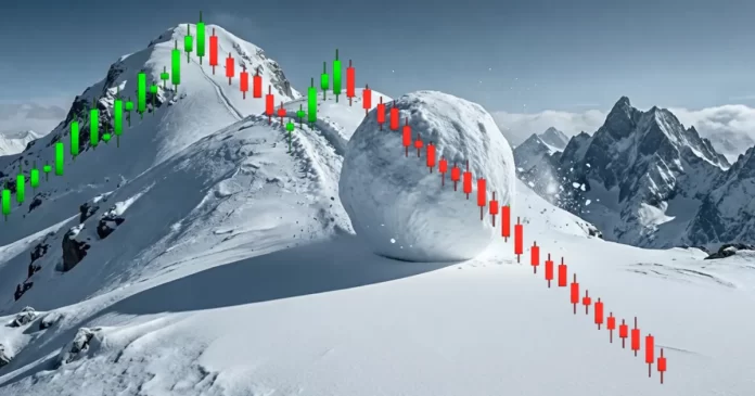 Gráfico de candles formando pivôs de baixa sobre montanhas de neve, simbolizando possível reversão de tendência no mercado hoje.