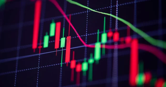 Mercado hoje — gráfico de candlesticks com médias móveis em queda sinalizando tendência baixista