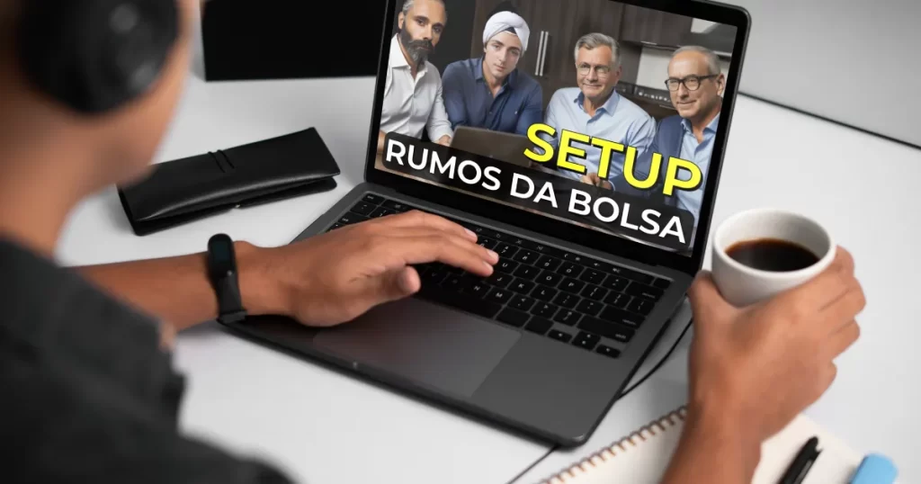 Imagem de destaque de blog com uma pessoa de fones de ouvido assistindo a um vídeo em um laptop, que exibe o título "SETUP RUMOS DA BOLSA", simbolizando o aprendizado de uma estratégia de investimento sobre o Ibovespa Hoje.