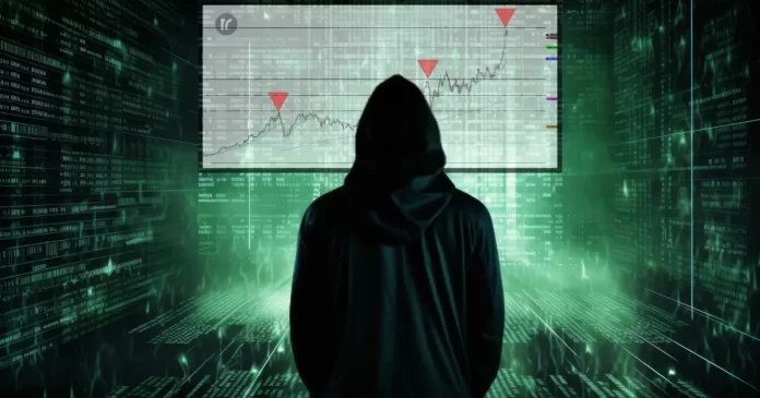 Figura encapuzada observa gráfico do Ibovespa com projeção de Fibonacci em ambiente estilo Matrix