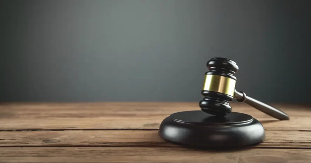 Martelo de juiz sobre mesa de madeira representando o leilão judicial da participação da Oi na V.tal (OIBR3)