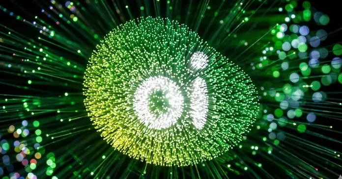 Fibra óptica iluminada em verde representando a V.tal, ativo central do leilão judicial da Oi (OIBR3)