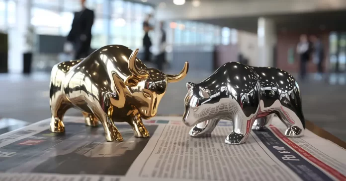 Mercado Hoje com disputa entre bull e bear representada por touro e urso simbolizando indecisão e equilíbrio entre compradores e vendedores.