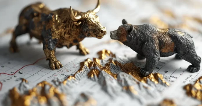 Mercado hoje: touro dourado e urso se enfrentam sobre gráfico financeiro representando a disputa entre cenários altista e baixista no fechamento de março
