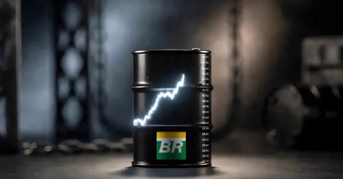 Barril de petróleo com logotipo da Petrobras e gráfico de alta projetado, simbolizando a análise técnica de PETR4