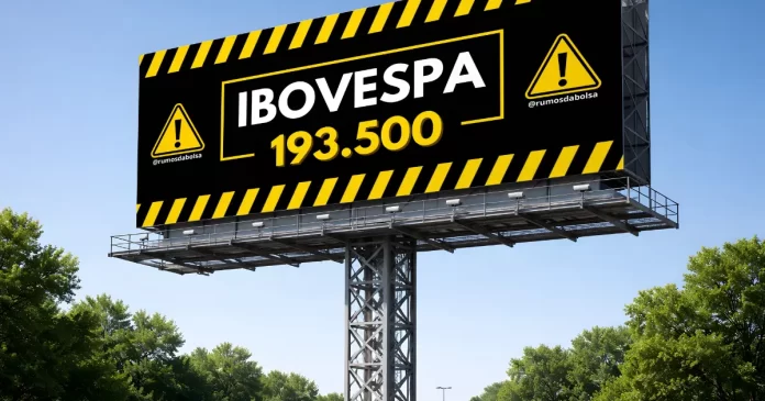 Outdoor com fundo preto e listras amarelas de sinalização de perigo exibindo o texto Ibovespa 193.500, com ícones de alerta e a marca Rumos da Bolsa
